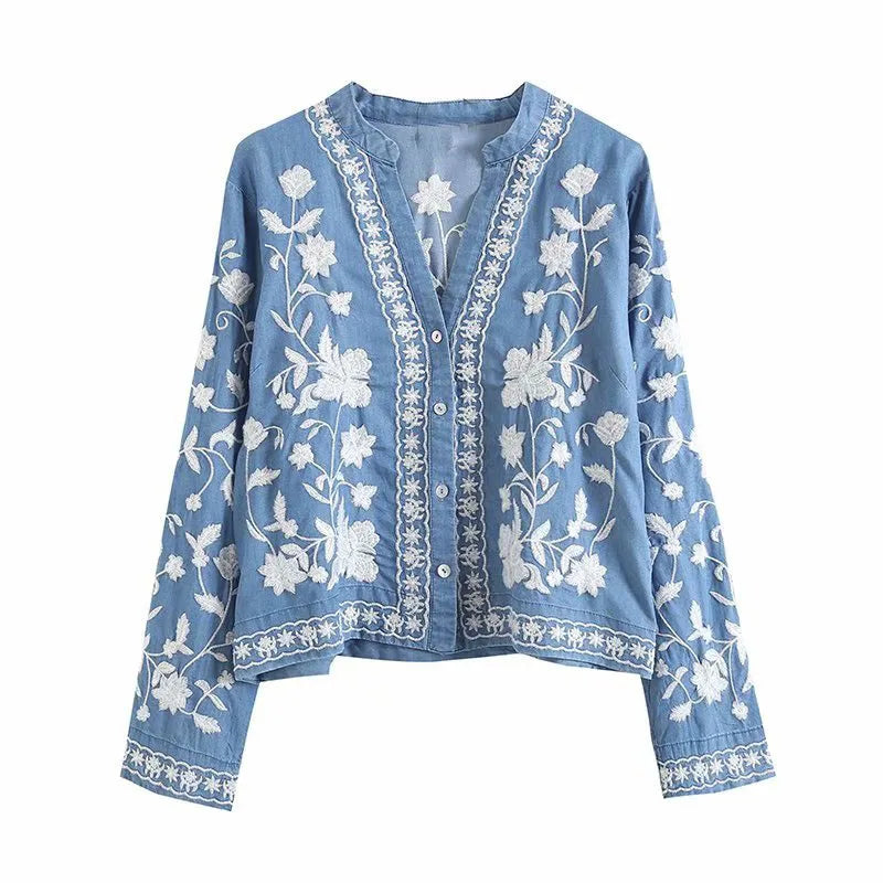 Ailyn™ | Boho Långärmad Blommig Denim Kofta