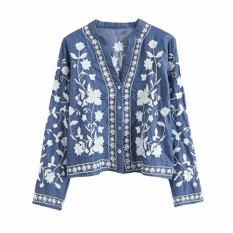 Ailyn™ | Boho Långärmad Blommig Denim Kofta